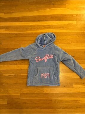 Kids Plush Hooded Sweatshirt in Light Blue with Pink Script